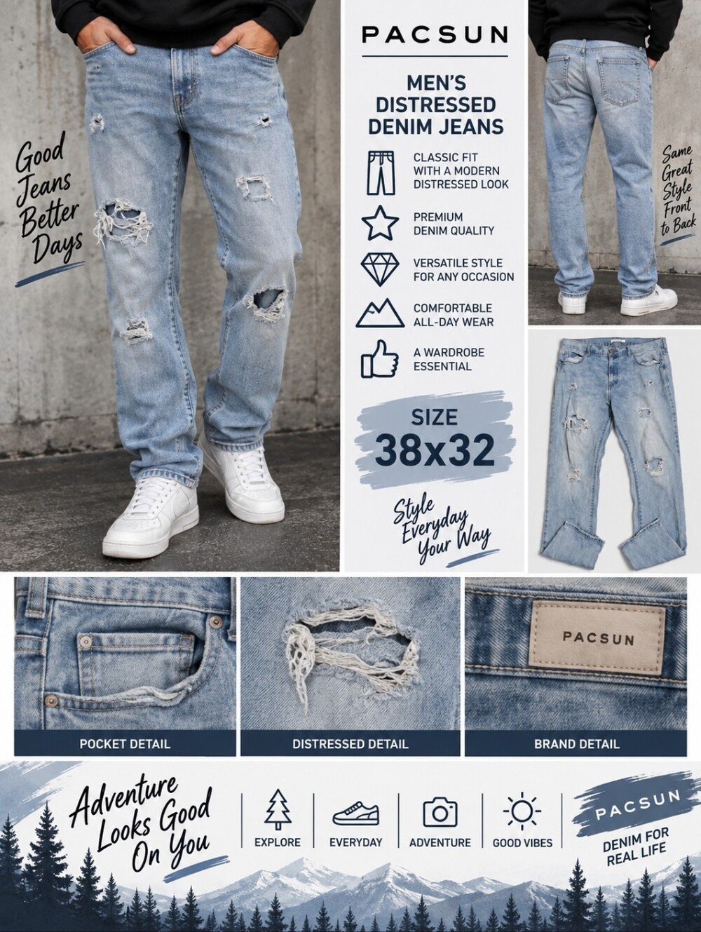 Pacsun mens size 38x32 distressed Denim Jeans #29
